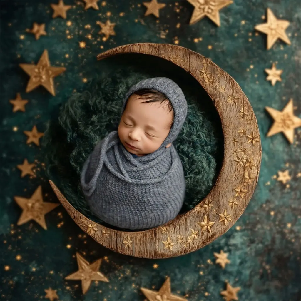 Newborn baby Isaiah peacefully posed in a crescent moon prop with a starry background, captured during a Cedar Falls, Iowa photography session.