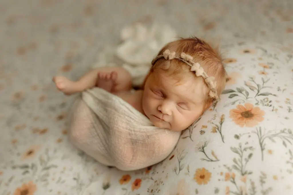 Newborn wrapped in floral fabric, professional newborn session in Waterloo, Iowa.