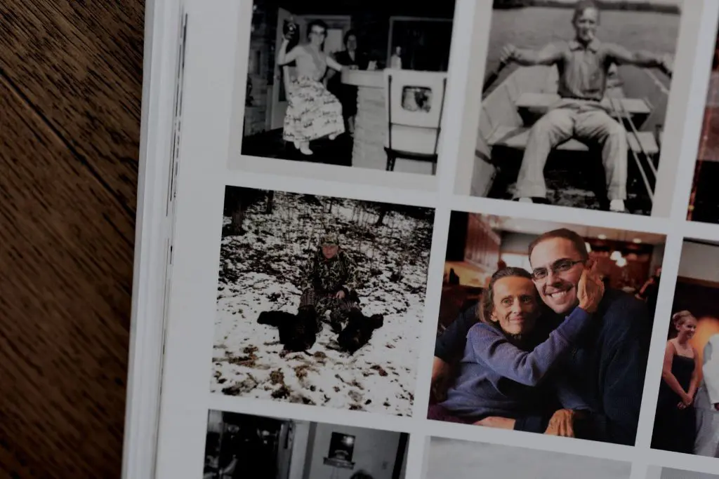 Grandpa in camouflage sitting in snow with turkeys after hunting, next to a warm moment of family hug.