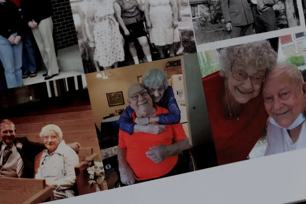 Side-by-side photos of grandparents hugging and smiling, taken in later years of life.