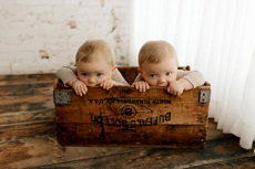 Twin baby boys sitting in a wooden box at their six month milestone session in Cedar Falls, Iowa.