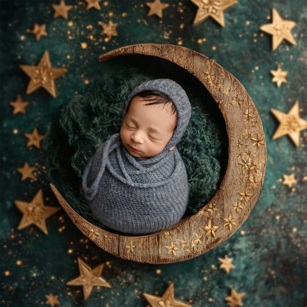 Newborn baby Isaiah peacefully posed in a crescent moon prop with a starry background, captured during a Cedar Falls, Iowa photography session.