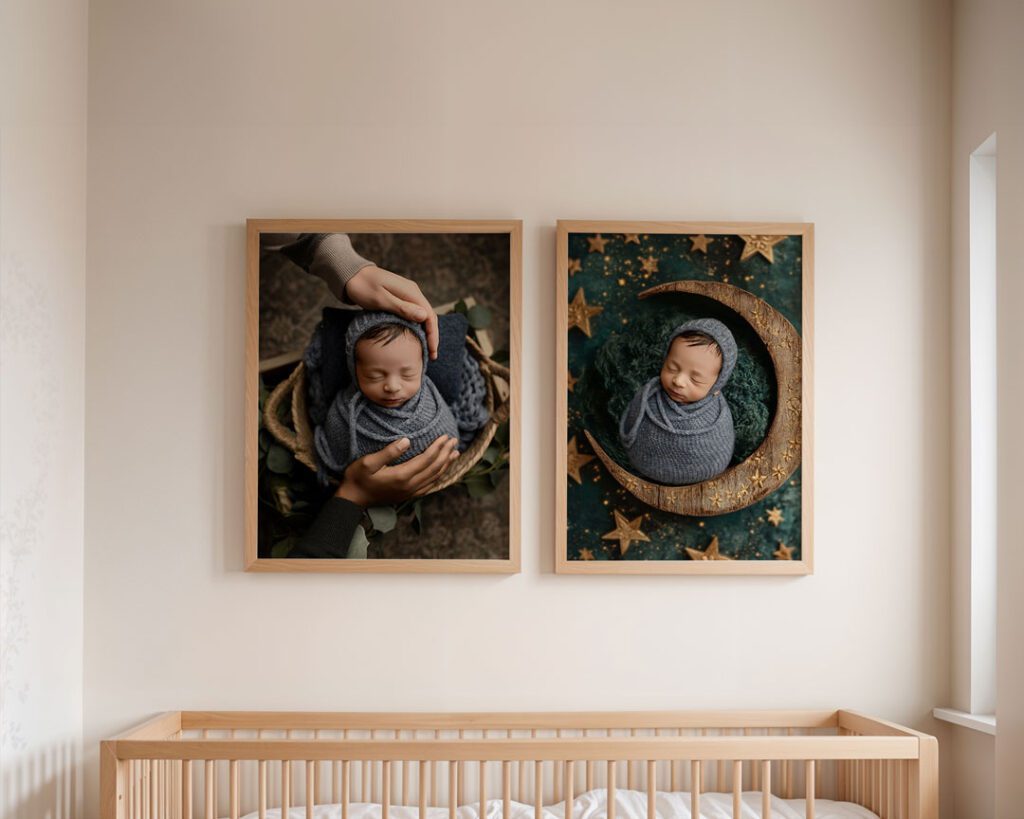 Framed newborn portraits displayed above a wooden crib in a cozy nursery setting. One image features a baby wrapped in a blue knit blanket in a basket, while the other shows the baby nestled on a crescent moon with a starry background. Perfect for families in Cedar Falls, Iowa, and surrounding areas like Waterloo, Waverly, and Hudson.