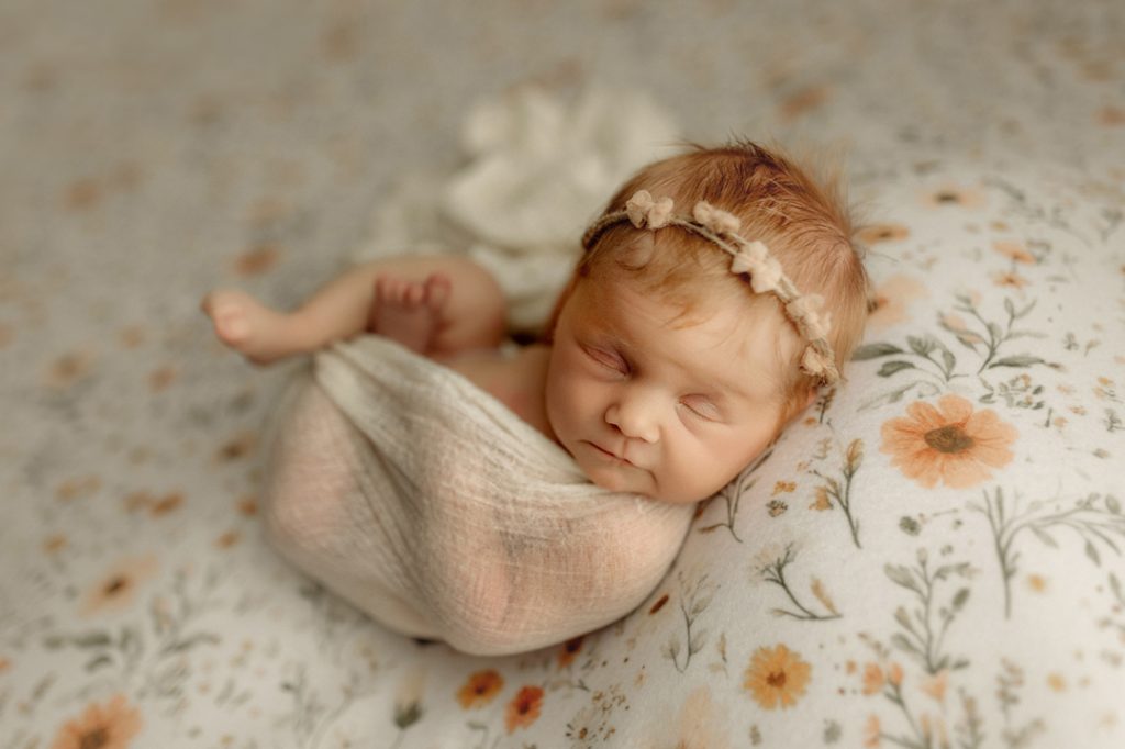 Newborn wrapped in floral fabric, professional newborn session in Waterloo, Iowa.