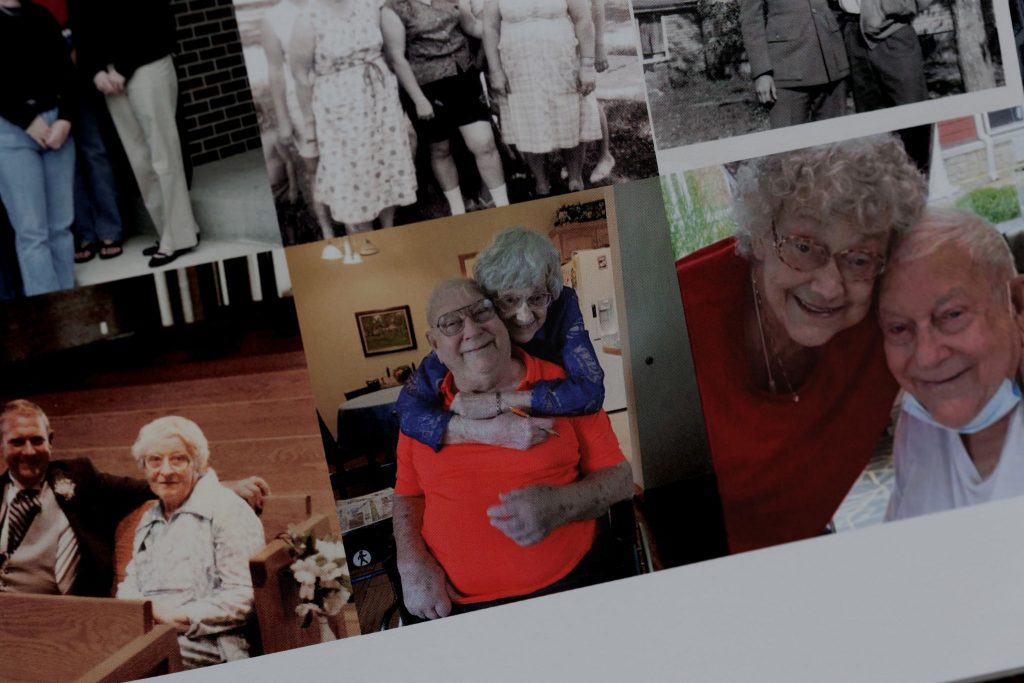 Side-by-side photos of grandparents hugging and smiling, taken in later years of life.