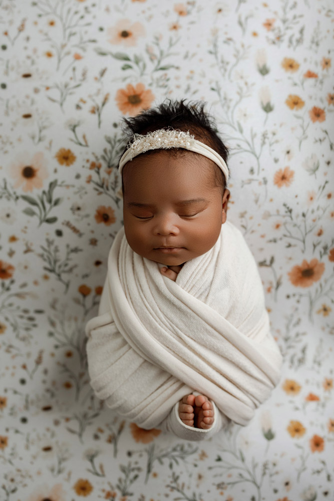 Newborn baby girl swaddled in cream with orange floral backdrop during a Denver, Iowa photography session